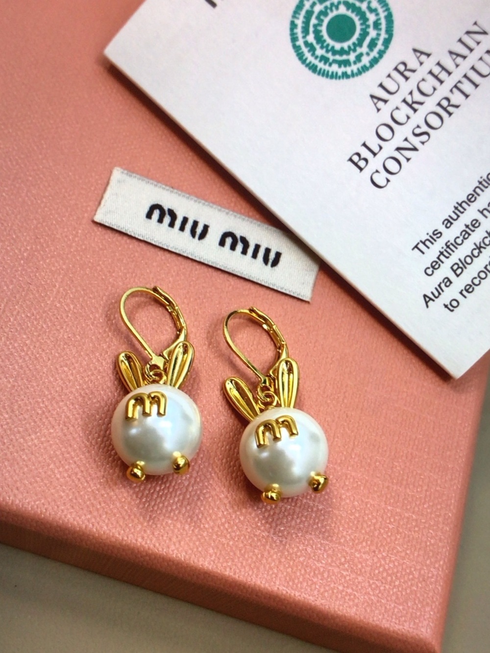 Miu Miu Gold Pearl Bunny Ear Stud Earrings - Picture 3 of 6